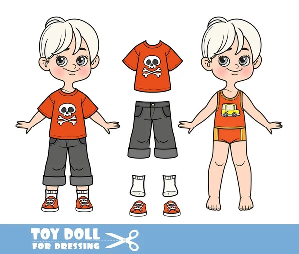 Cartoon Blond Boy Dressed Clothes Separately Shirt Jolly Roger Print — Vector de stock