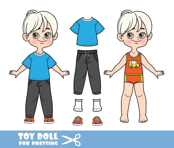 Cartoon Blond Chlapec Oblečený Oblečení Odděleně Modré Tričko Černé Džíny — Stockový vektor