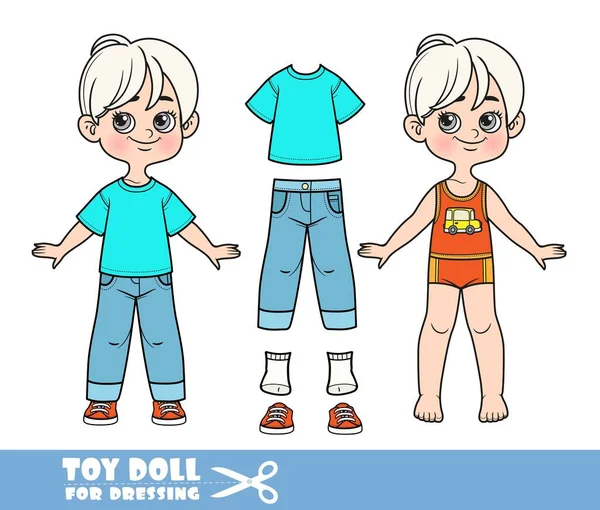 Cartoon Blond Boy Dressed Clothes Separately Shirt Blue Jeans Sneakers — Vector de stock