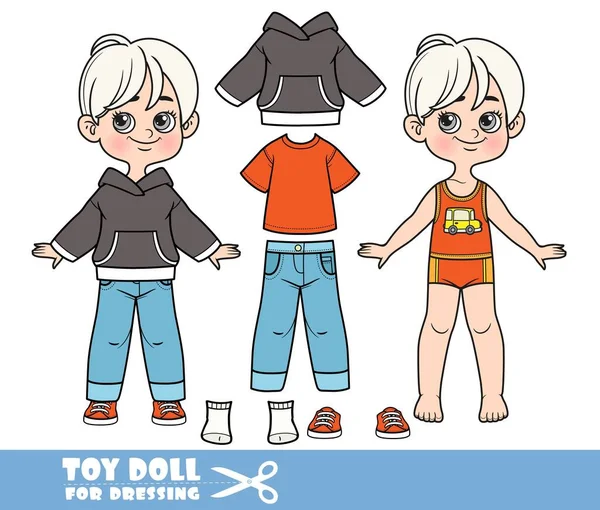 Cartoon Blond Boy Dressed Clothes Separately Red Shirt Blue Jeans — Stockvector