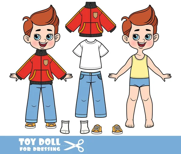 Cartoon Boy Dressed Clothes Separately White Basic Shirt Jeans Padded — Vector de stock