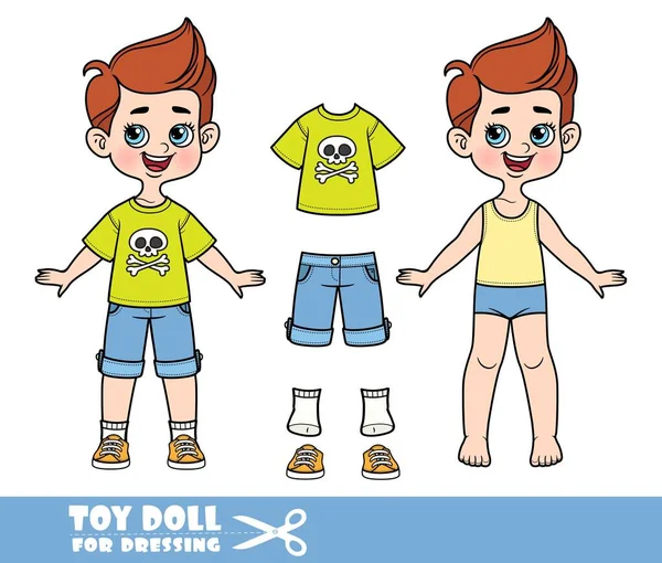 Cartoon Boy Brunette Hair Dressed Clothes Separately Shirt Jolly Roger — 스톡 벡터