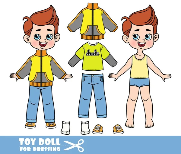 Cartoon Boy Brunette Hair Dressed Clothes Separately Shirt Long Sleeve — стоковый вектор