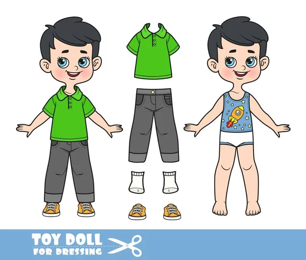 Cartoon Brunette Boy Dressed Clothes Separately Green Shirt Black Jeans — 스톡 벡터