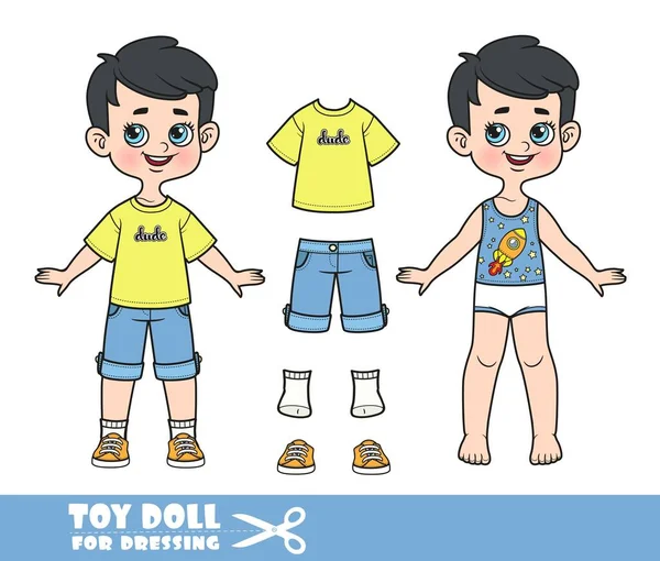 Karikatura Brunetka Chlapec Oblečený Oblečení Odděleně Žluté Tričko Modré Džíny — Stockový vektor