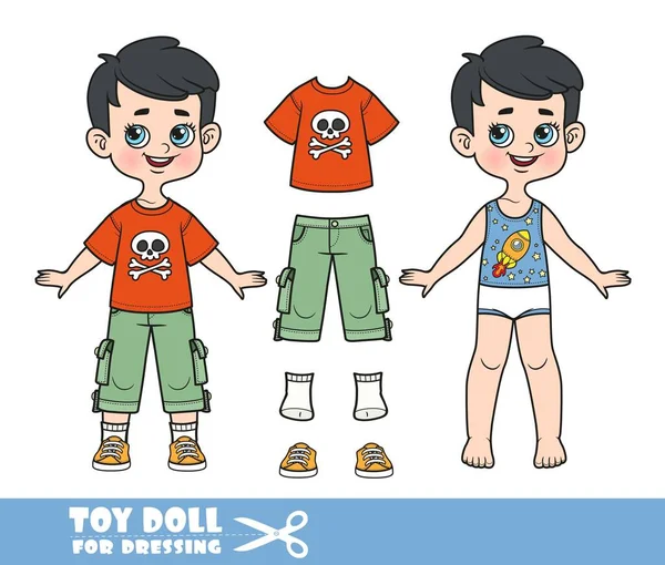 Cartoon Brunette Boy Dressed Clothes Separately Shirt Breeches Additional Patch — Vector de stock