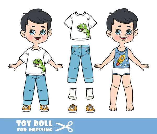 Cartoon Brunette Boy Dressed Clothes Separately Shirt Print Tyrannosaurus Blue — Stockvector