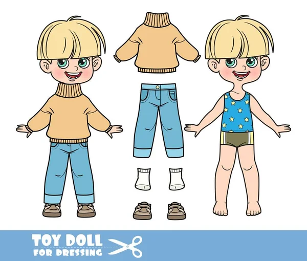 Cartoon Pot Zdobené Chlapec Oblečený Oblečení Odděleně Vlna Svetr Džíny — Stockový vektor