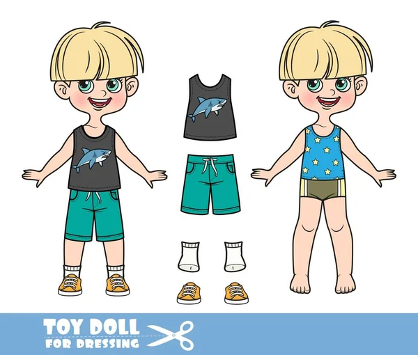 Cartoon Pot Trimmed Boy Dressed Clothes Separately Shirt Shark Print — Stockvector
