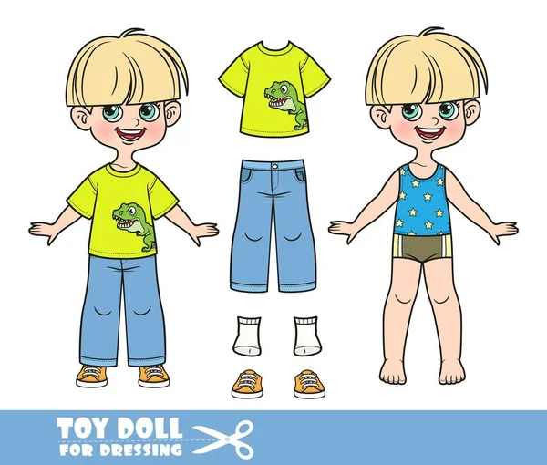 Cartoon Pot Trimmed Boy Dressed Clothes Separately Shirt Tyrannosaurus Jeans — 图库矢量图片