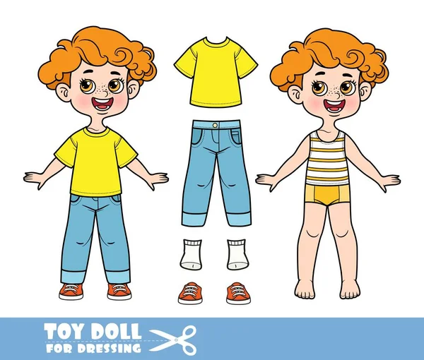 Cartoon Redhaired Boy Dressed Clothes Separately Yellowt Shirt Blue Jeans — Vettoriale Stock