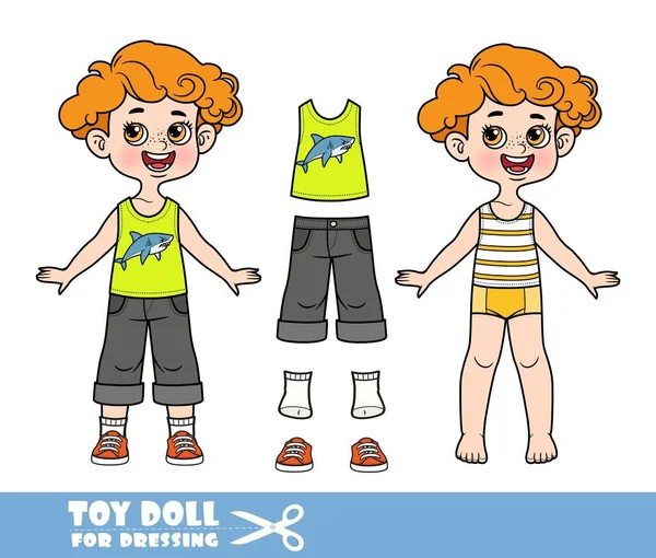 Cartoon Redhaired Boy Dressed Clothes Separately Shirt Shark Print Shorts —  Vetores de Stock