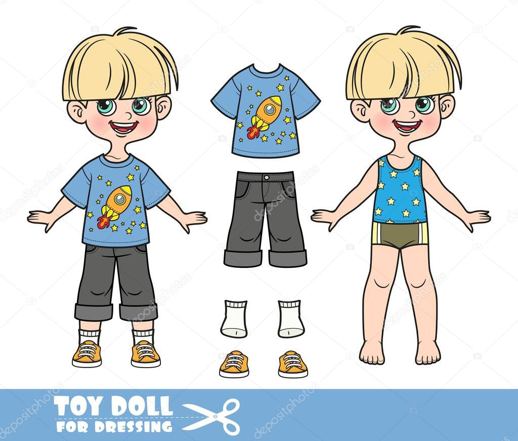 Cartoon pot-trimmed boy dressed and clothes separately - T-shirt with rocket in space, long black denim shorts and orange sneakers doll for dressing