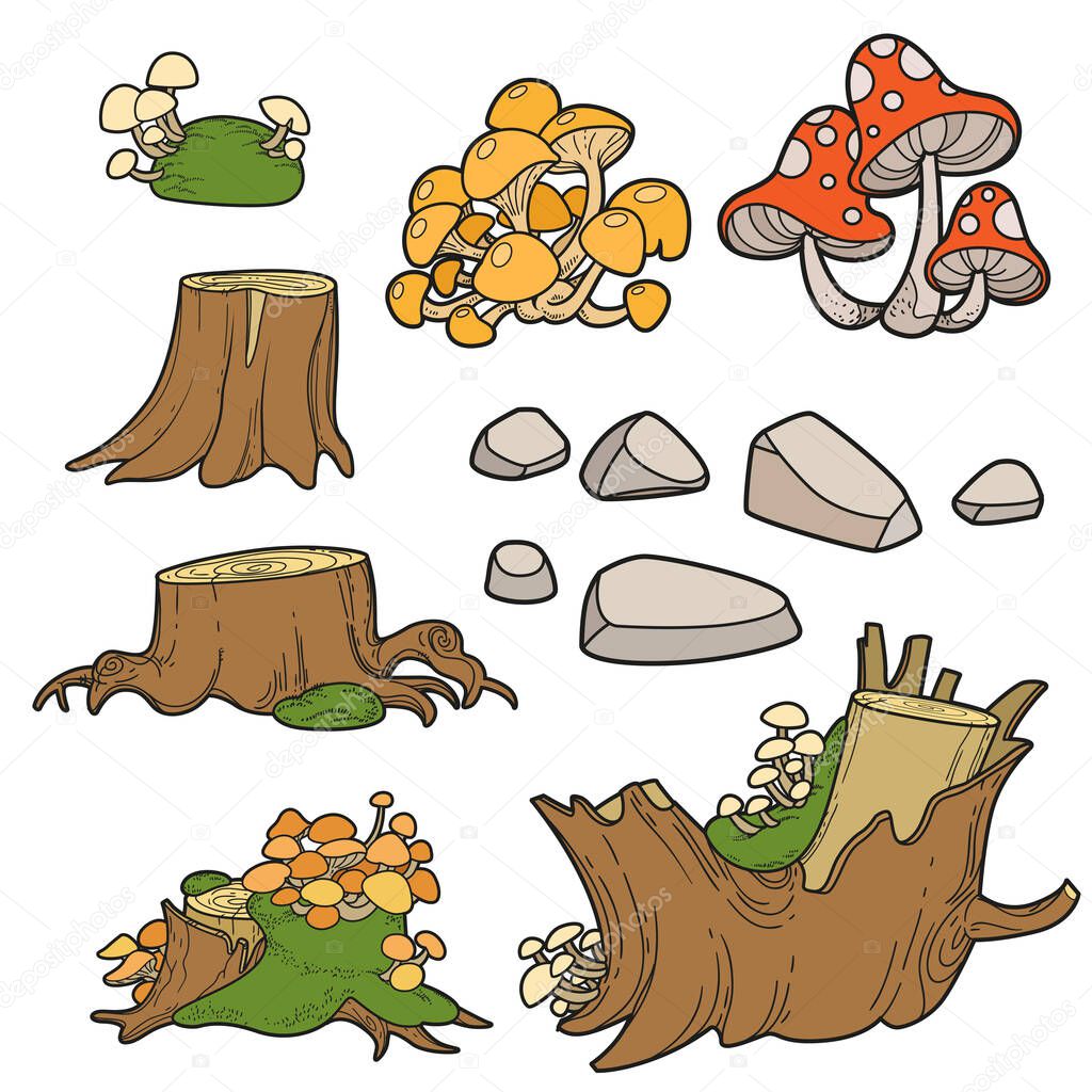 Set for decoration hemp, mushrooms, stones, moss color variation for coloring page isolated on white background