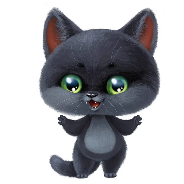 Cute Cartoon Fluffy Black Kitten Free Paws Isolated White Background — Stock Photo, Image