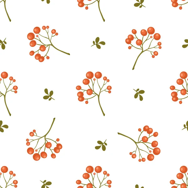 Seamless Pattern Red Berries Branch Green Leaves White Background — Vettoriale Stock