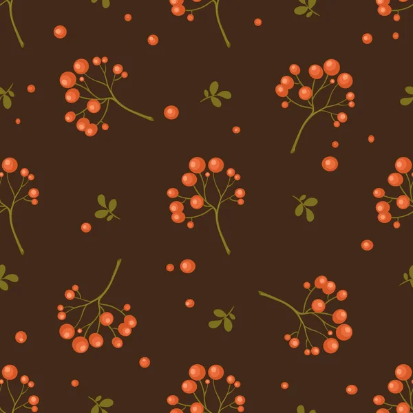 Seamless Pattern Red Berries Branch Green Leaves Brown Background — Stock Vector