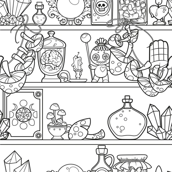 Seamless Background Shelves Magical Things Witches Sorcerers — Vector de stock