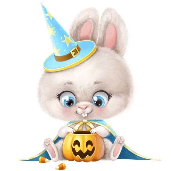 Cute Cartoon White Rabbit Wizard Costume Examines Prey Trick Treat — Stock Fotó