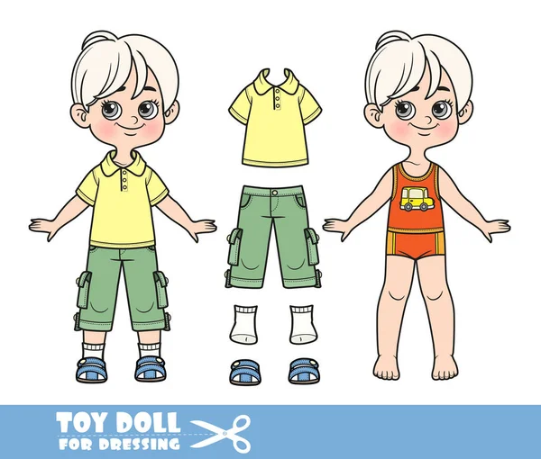 Cartoon Blond Boy Dressed Clothes Separately Yellow Shirt Breeches Sandals — Stock Vector