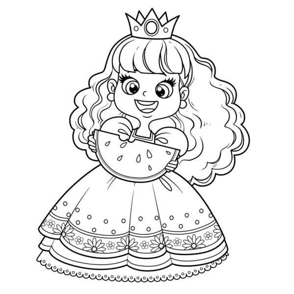 Cute princess eats juicy watermelon with appetite outlined  for coloring book