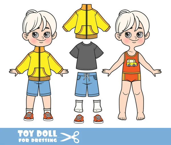 Cartoon Blond Boy Dressed Clothes Separately Shirt Shorts Yellow Sports — Stockvector