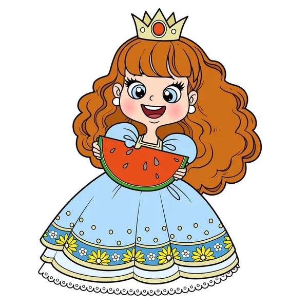 Cute Princess Eats Juicy Watermelon Appetite Color Variation Coloring Book — Image vectorielle
