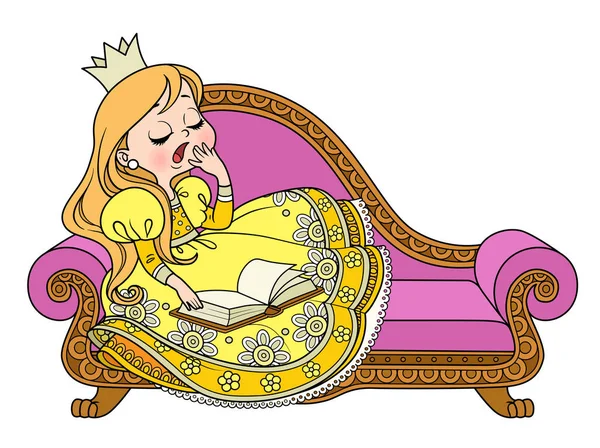 Cute Princess Falls Asleep Sofa Book Color Variation Coloring Book — Stock Vector