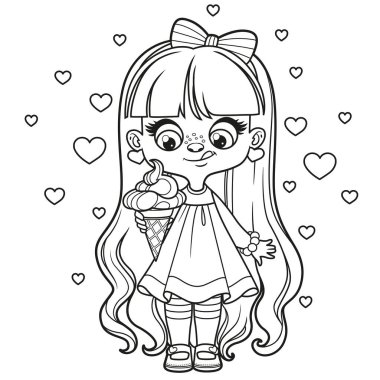 Cute cartoon longhaired girl with ice cream in hand coloring page on a white background