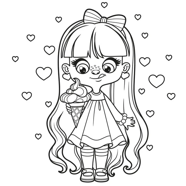 Cute Cartoon Longhaired Girl Ice Cream Hand Coloring Page White — Stockvektor