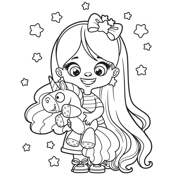 Cute Cartoon Long Haired Girl Toy Unicorn Hands Coloring Page — ストックベクタ