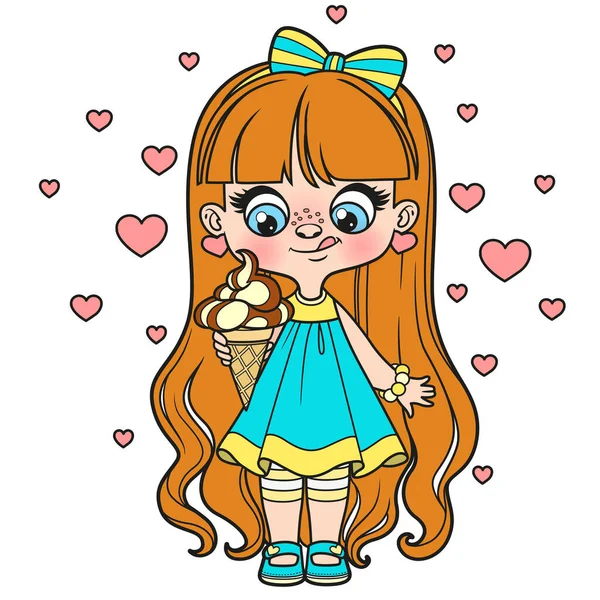 Cute Cartoon Longhaired Girl Ice Cream Hand Color Variation Coloring — Stock vektor