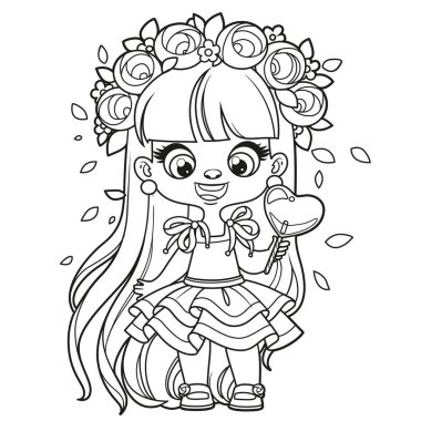 Cute cartoon longhaired girl with heart shape candy in hand coloring page on a white background