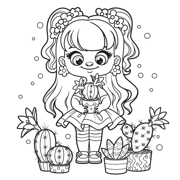 Cute Cartoon Longhaired Girl Favorite Cactuses Coloring Page White Background — Wektor stockowy