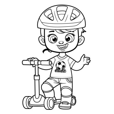 Cute cartoon boy in a helmet and with a scooter outlined for coloring page on white background