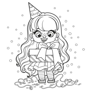 Cute cartoon long haired girl with big gift in hands coloring page on a white background