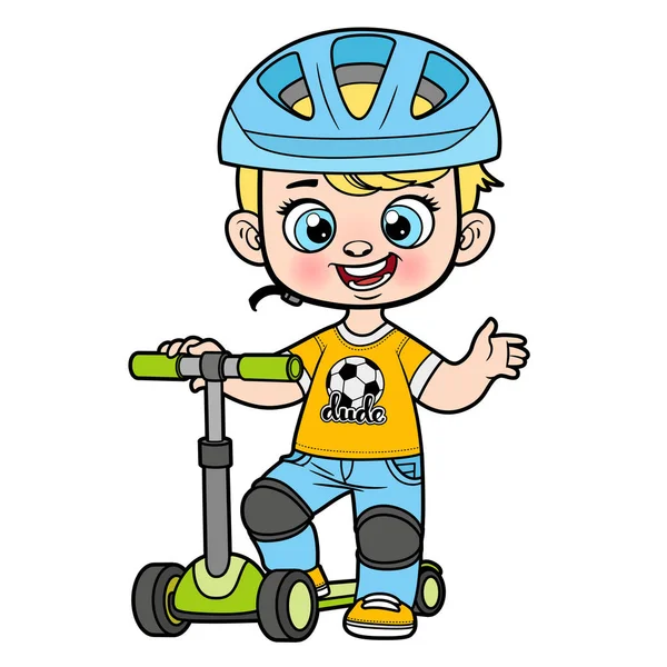 Cute Cartoon Boy Helmet Scooter Color Variation Coloring Page White — Stock Vector