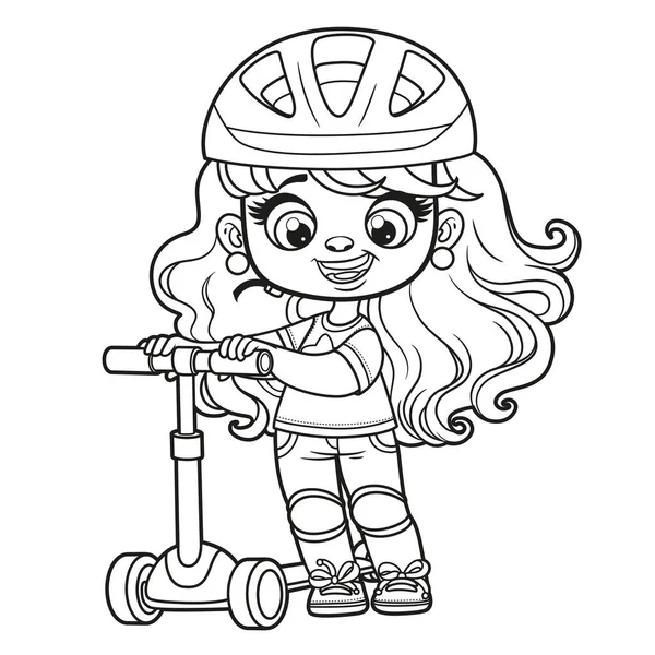 Cute Cartoon Girl Helmet Scooter Outlined Coloring Page White Background — Stockový vektor