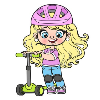 Cute cartoon girl in helmet and with a scooter color variation for coloring page on white background