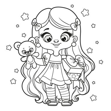 Cute cartoon long haired girl with gift and teddy bear in hands outlined for coloring page on a white background