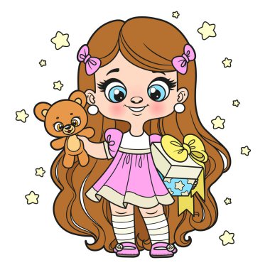 Cute cartoon long haired girl with gift and teddy bear in hands color variation for coloring page on a white background
