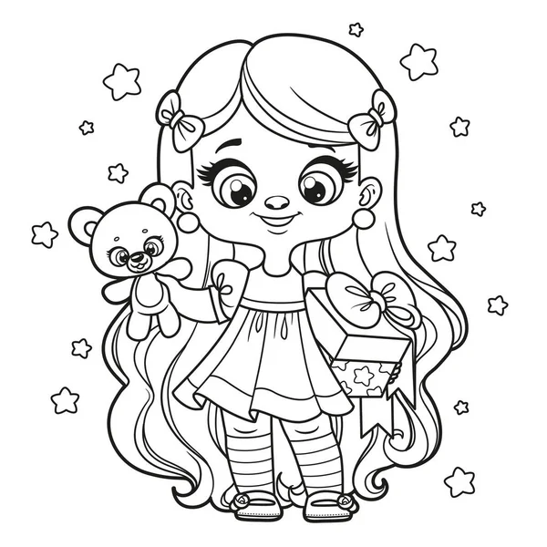 Cute Cartoon Long Haired Girl Gift Teddy Bear Hands Outlined — Archivo Imágenes Vectoriales