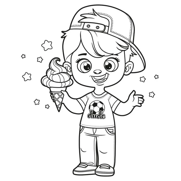 Cute Cartoon Boy Cap Ice Cream Hand Coloring Page White — Stock vektor