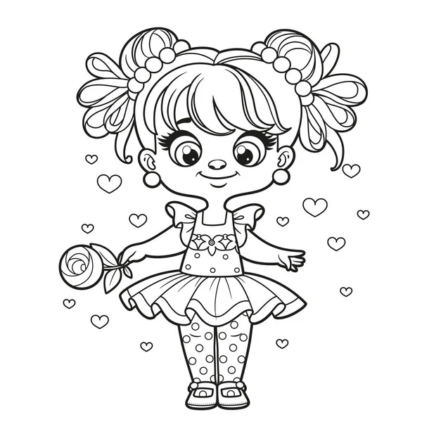 Cute Cartoon Girl Tutu Holding Rose Hand Outlined Coloring Page — Vetor de Stock