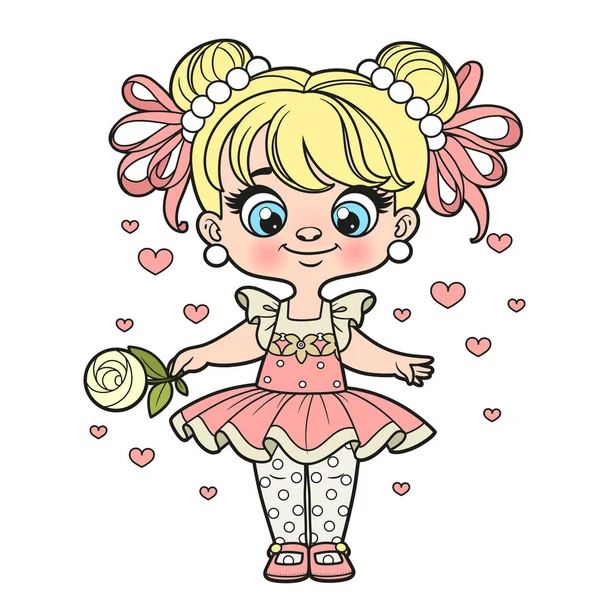 Cute Cartoon Girl Tutu Holding Rose Hand Outlined Coloring Page — Stock Vector