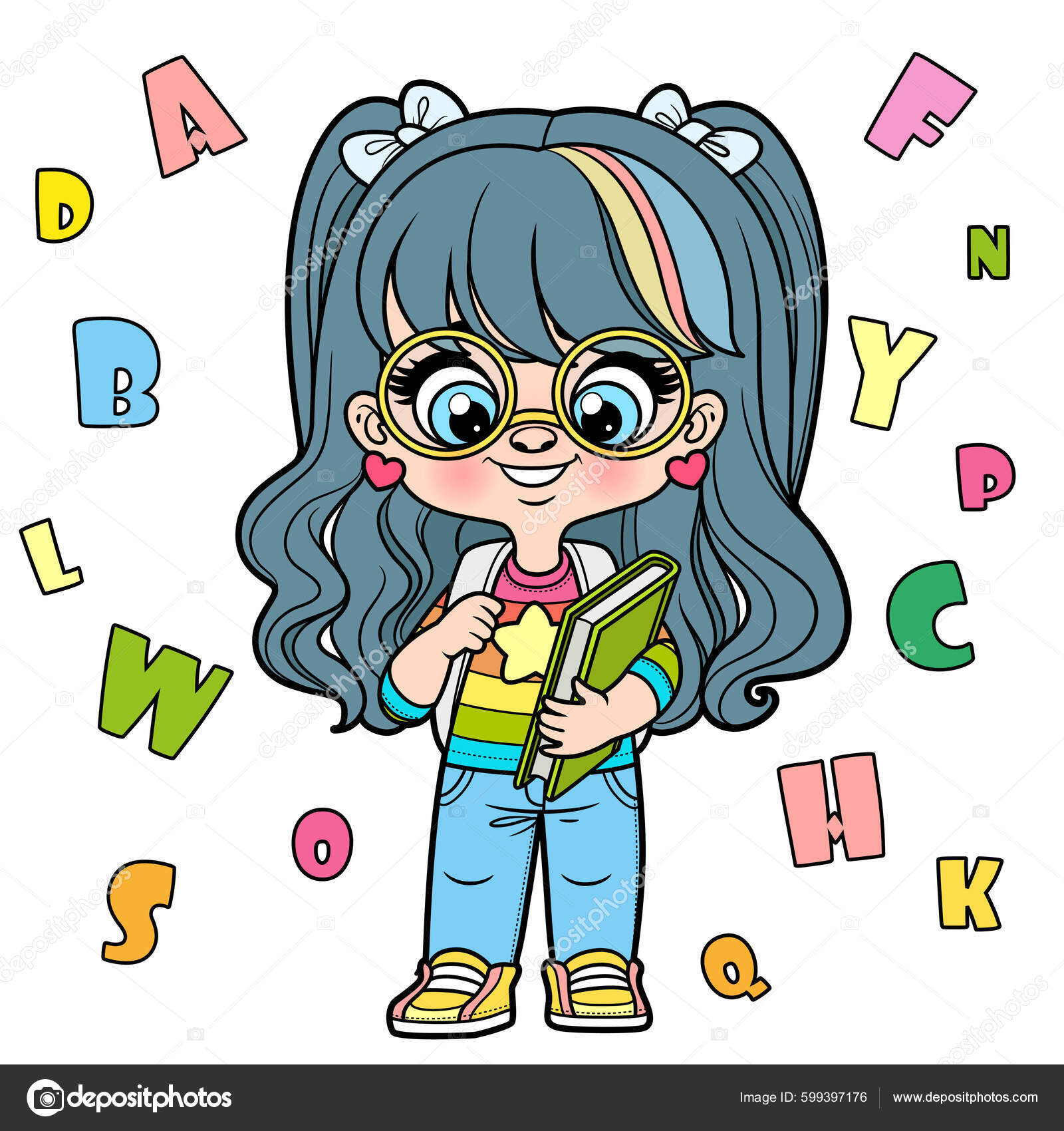 Cute Cartoon Girl Glasses Holding Textbook School Backpack Color