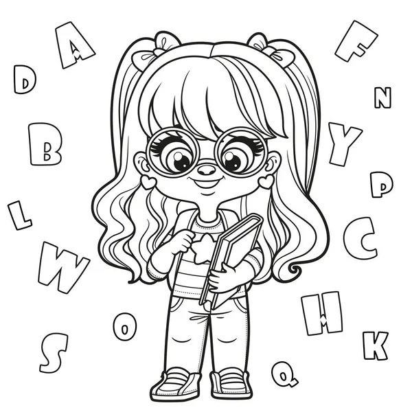 Cute Cartoon Girl Glasses Holding Textbook School Backpack Coloring Page — Vector de stock