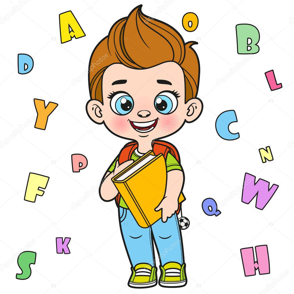 Cute cartoon boy with school backpack holding textbook color variation for coloring page on a white background