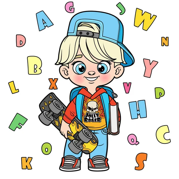 Cute Cartoon Boy School Backpack Holding Textbook Skateboard Handscolor Variation — Stock Vector