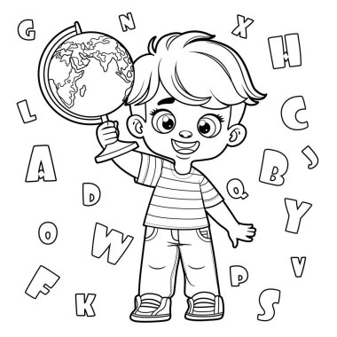 Cute cartoon boy holding the globe outlined for coloring page on a white background